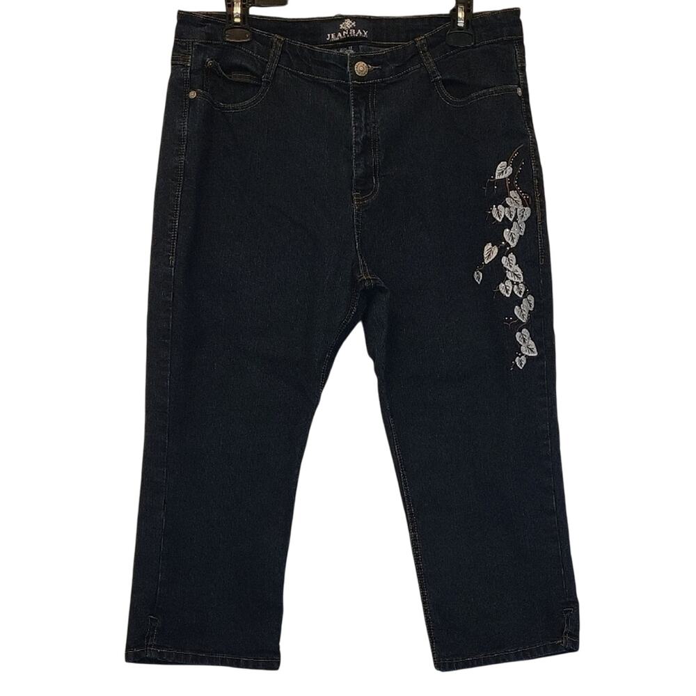 Jeanbay Blue Denim Capri Jeans with Floral Vine Embroidery Size 14